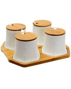 Elama Ceramic Spice, Jam and Salsa Jars with Bamboo Lids &amp; Serving Spoons